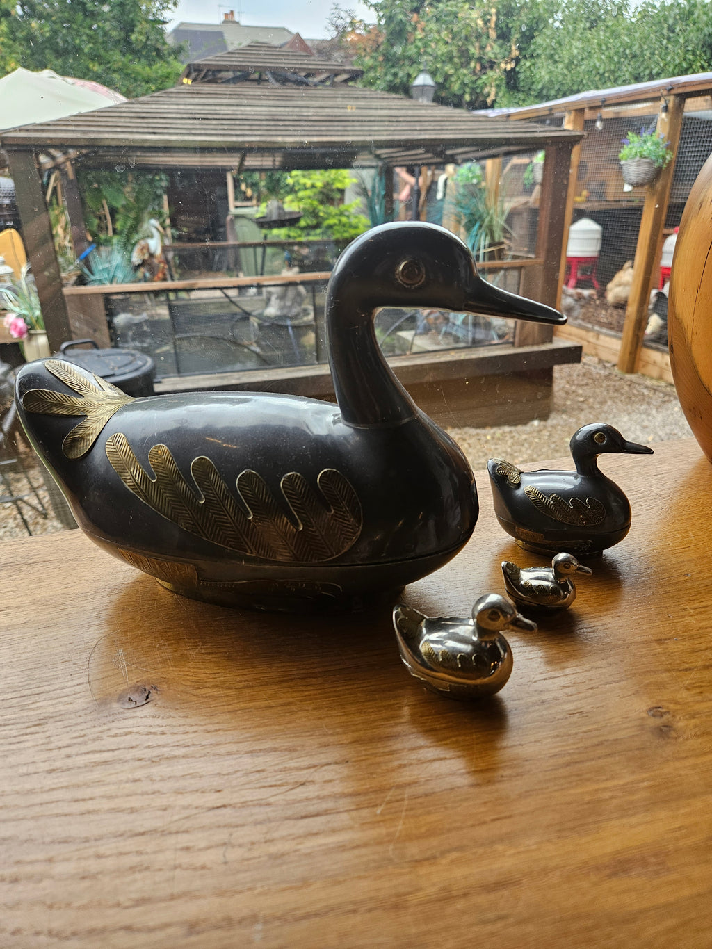 Vintage Heavy Metal Duck Trinket Boxes - Set Of 4 - Brass Detail - Graduated Family