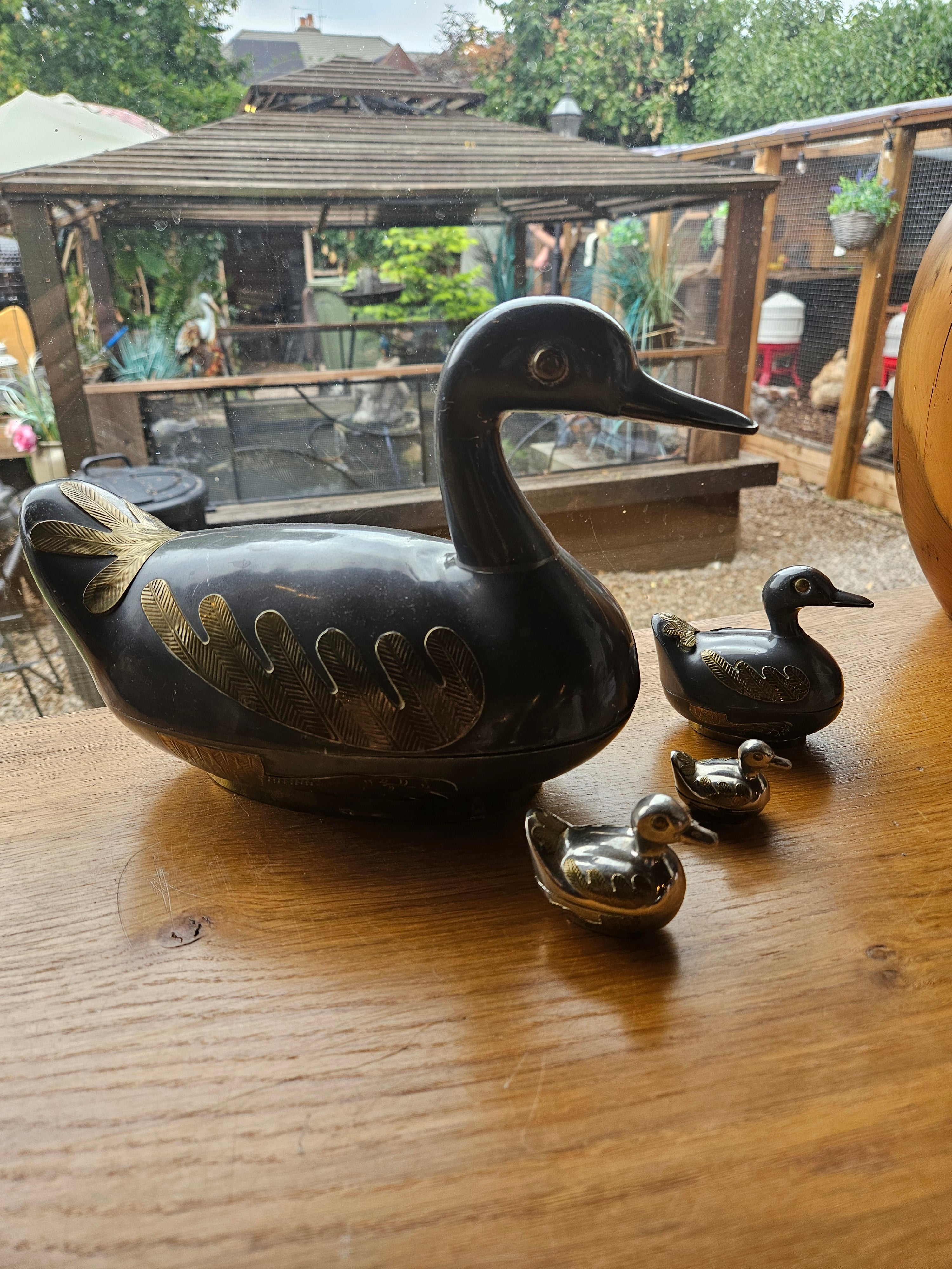 Vintage Heavy Metal Duck Trinket Boxes - Set Of 4 - Brass Detail - Graduated Family