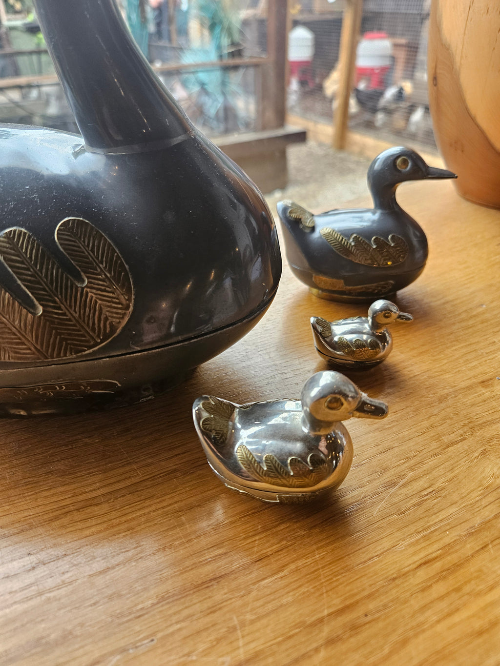 Vintage Heavy Metal Duck Trinket Boxes - Set Of 4 - Brass Detail - Graduated Family