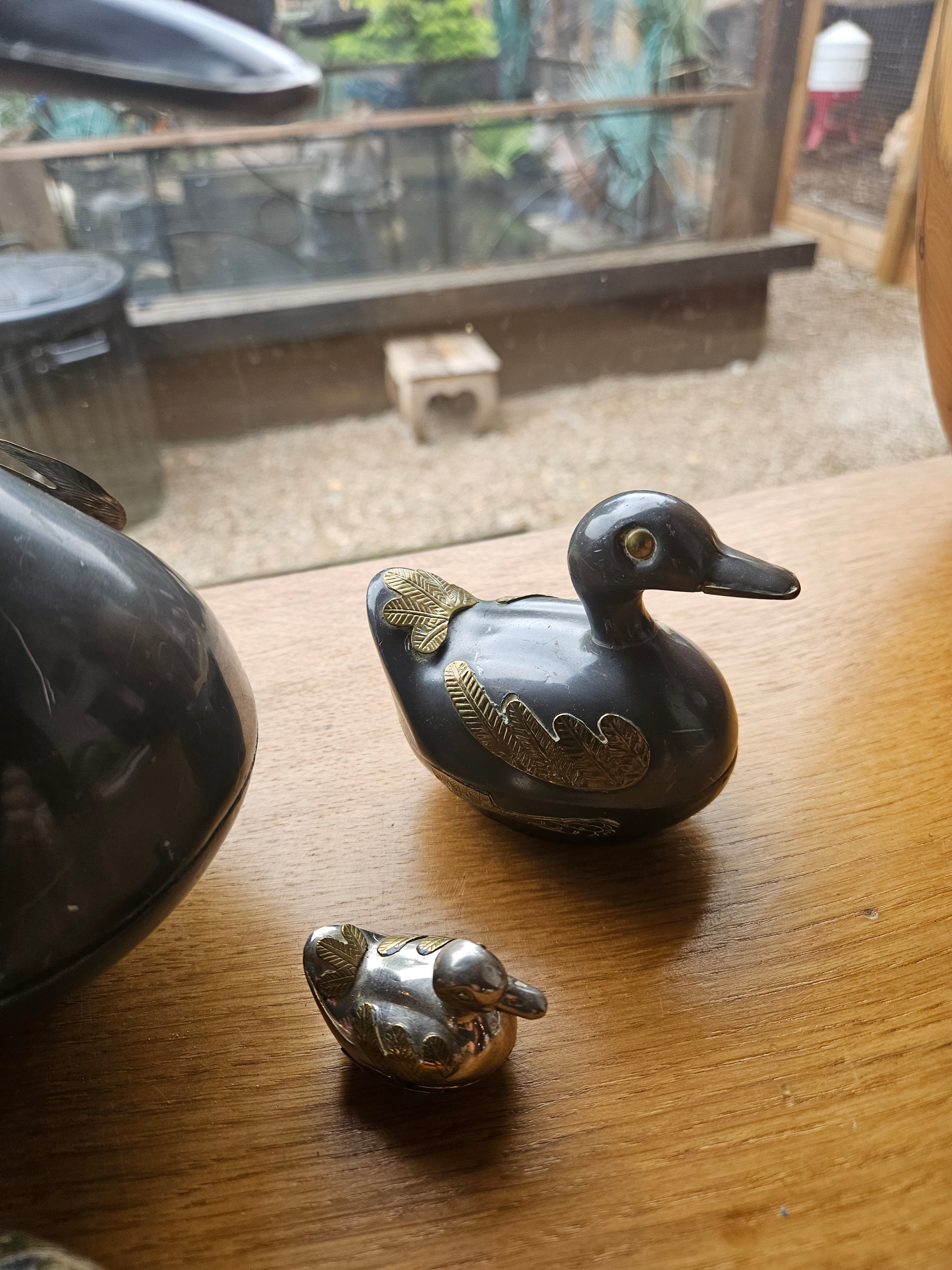 Vintage Heavy Metal Duck Trinket Boxes - Set Of 4 - Brass Detail - Graduated Family