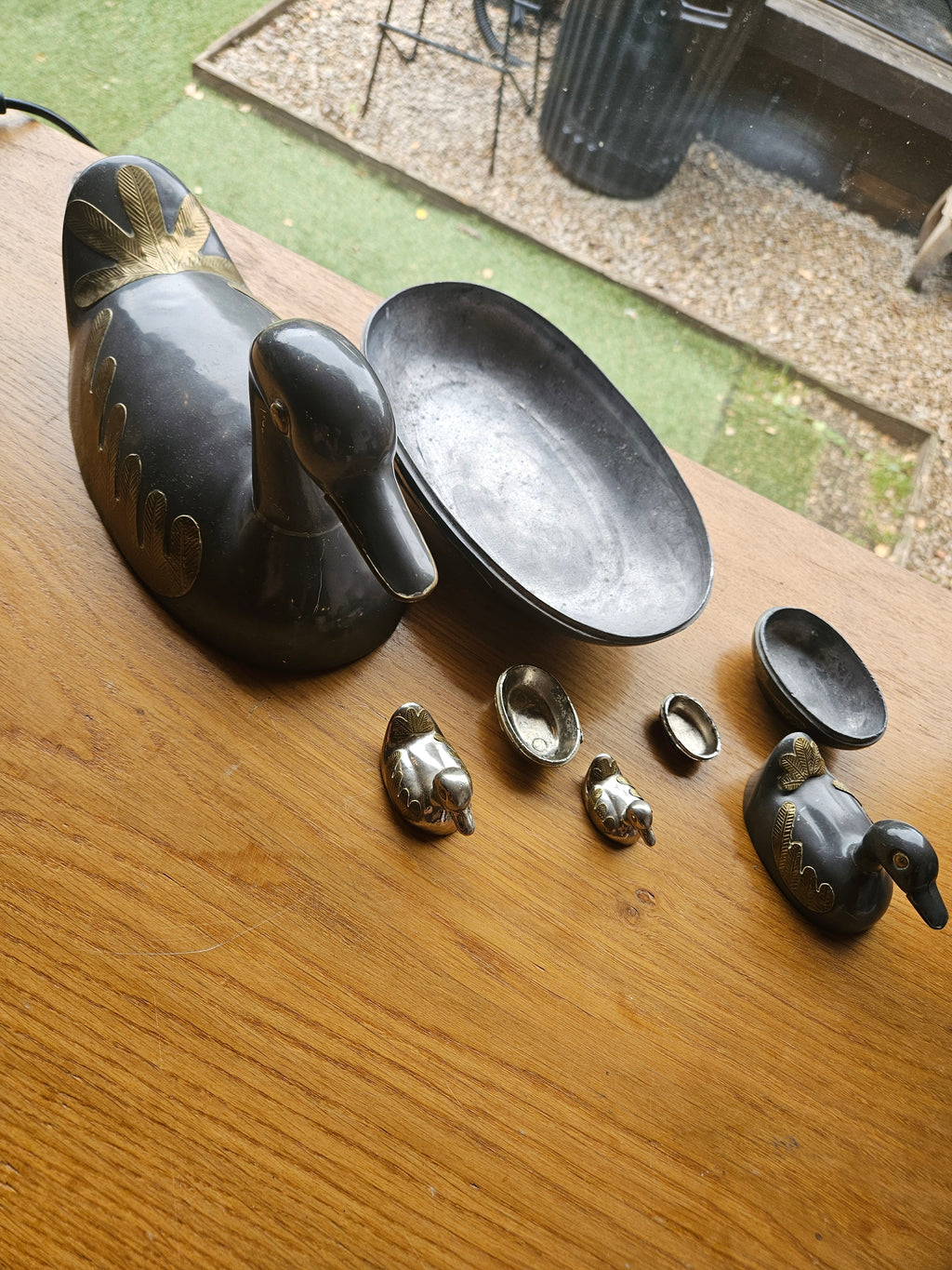 Vintage Heavy Metal Duck Trinket Boxes - Set Of 4 - Brass Detail - Graduated Family