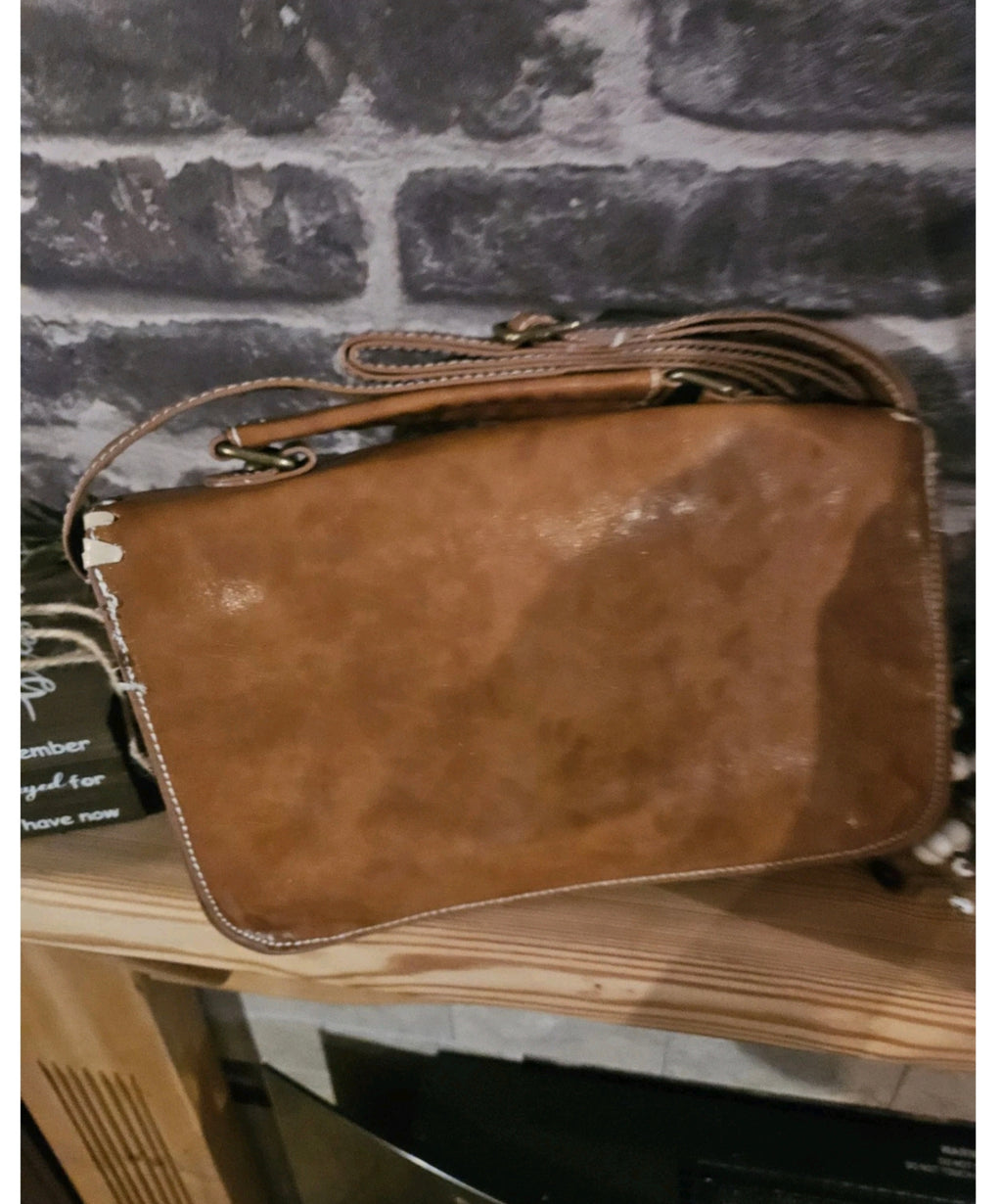 Tan Brown Faux Leather Vintage Style Satchel Crossbody Handbag – Never Used