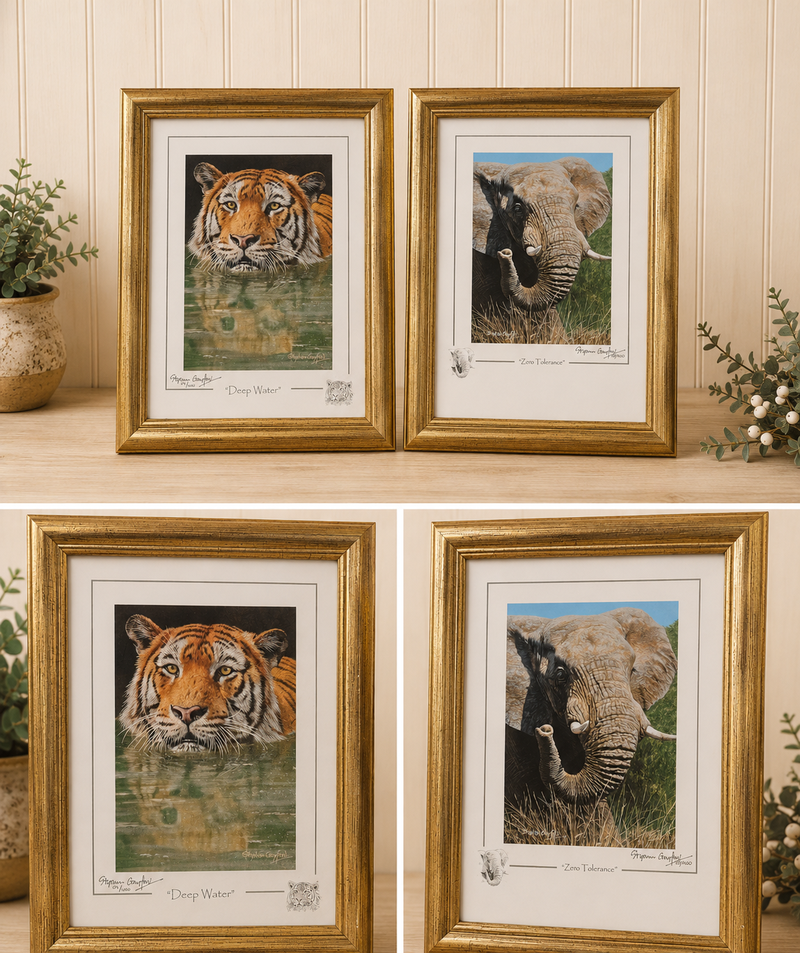 Pair Stephen Gayford Limited Edition Signed Wildlife Prints Tiger & Elephant Framed