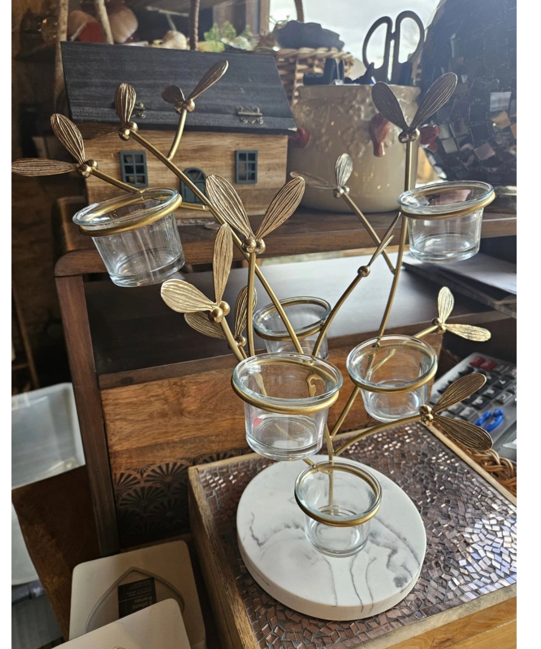 Large Gold Dragonfly 5 Tealight Candle Holder – Marble Effect Base