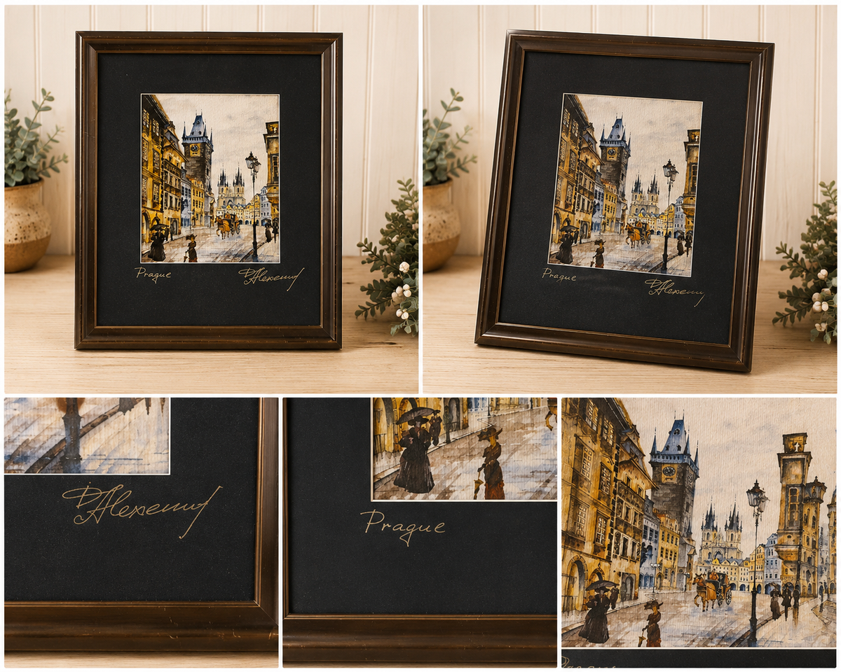 Striking Framed Prague Street Scene Watercolour & Ink Style Artwork Signed