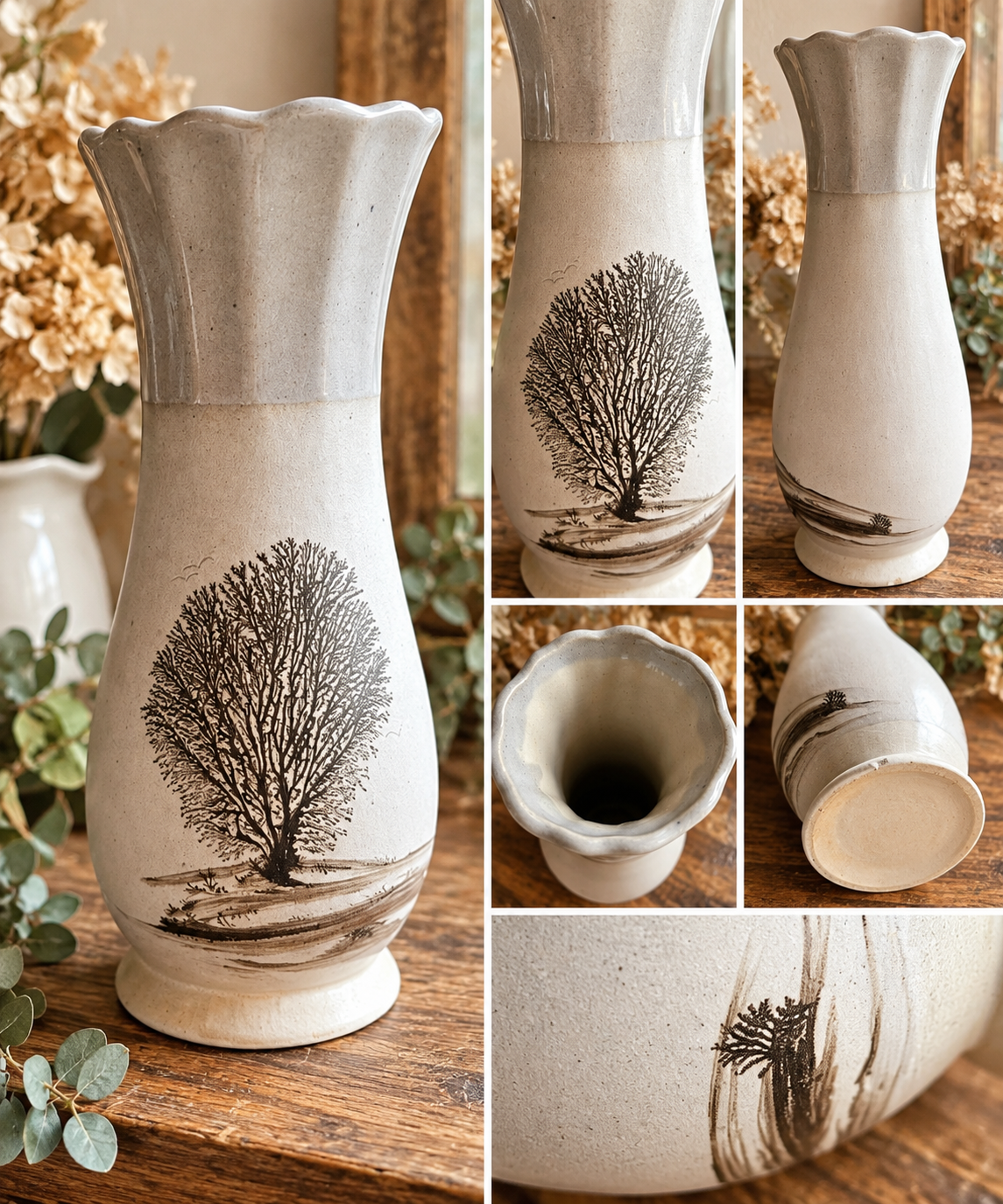 Vintage Studio Pottery Vase – Tree Landscape Design – 20cm