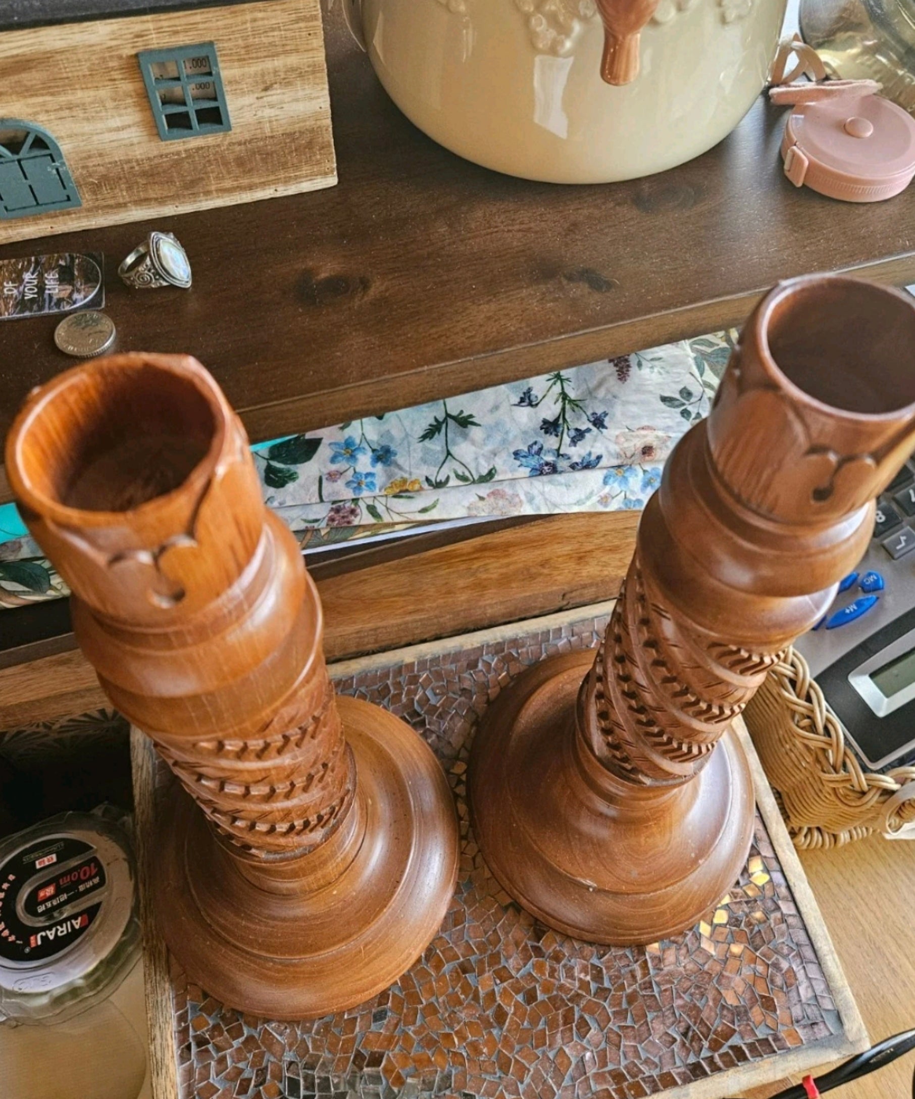 Pair Large Carved Wooden Candlesticks Tall Ornate Boho Rustic Candle Holders