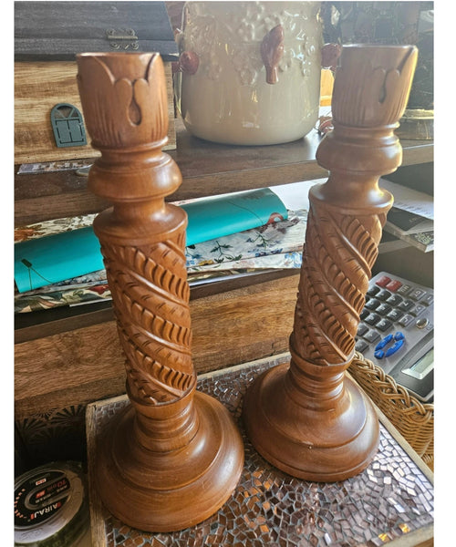 Pair Large Carved Wooden Candlesticks Tall Ornate Boho Rustic Candle Holders