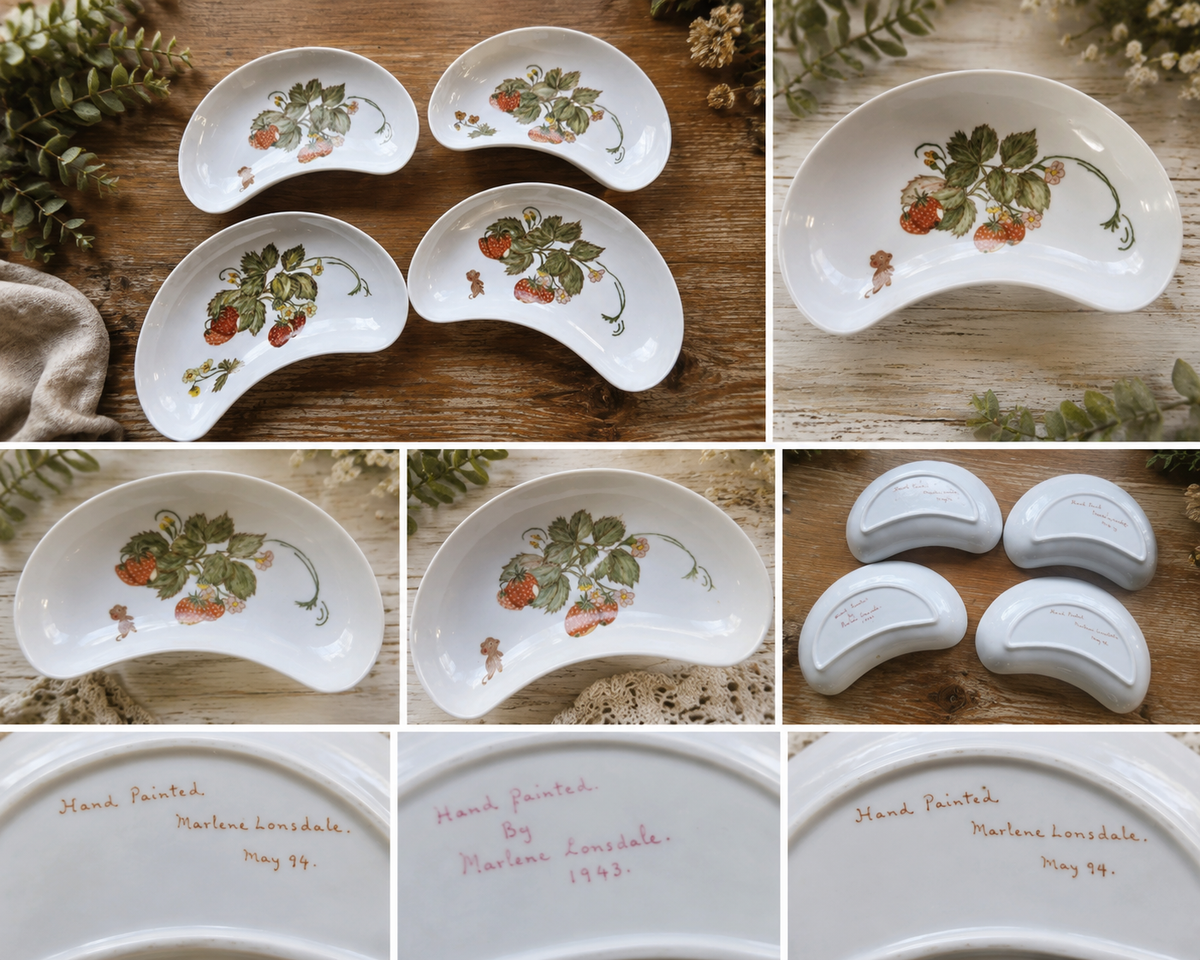 Set of 4 Vintage Hand Painted Strawberry Crescent Dishes – Marlene Lonsdale 1993/94
