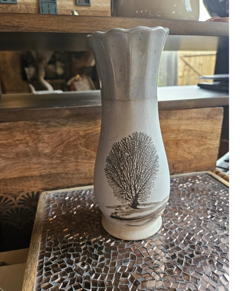 Vintage Studio Pottery Vase – Tree Landscape Design – 20cm