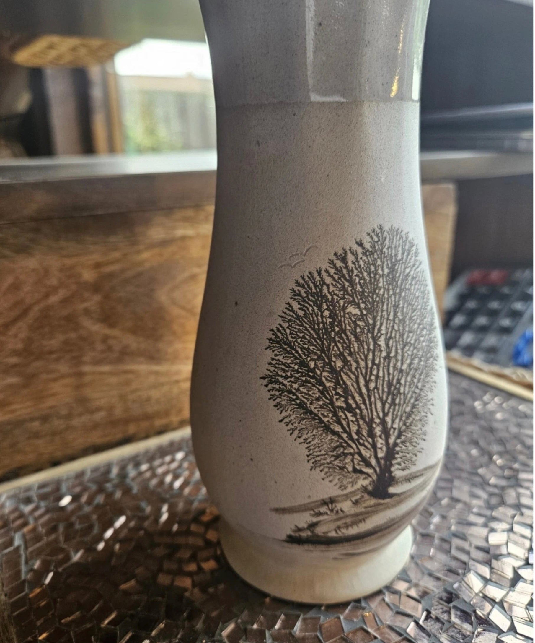 Vintage Studio Pottery Vase – Tree Landscape Design – 20cm