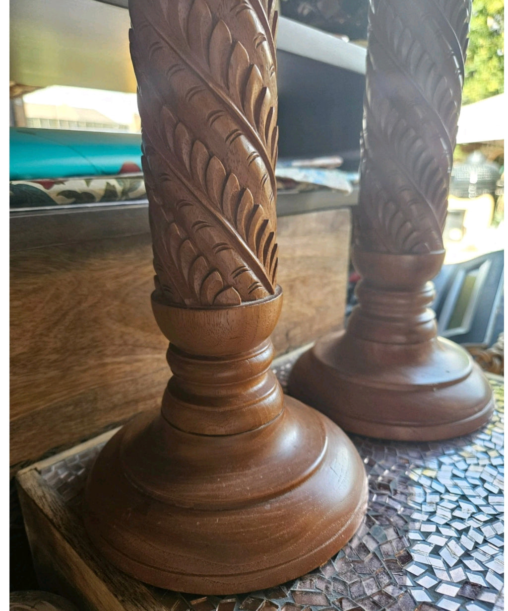 Pair Large Carved Wooden Candlesticks Tall Ornate Boho Rustic Candle Holders