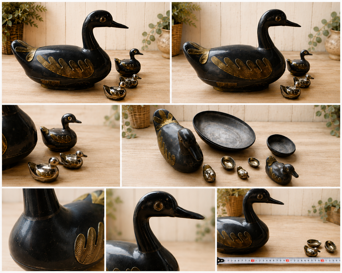 Vintage Heavy Metal Duck Trinket Boxes - Set Of 4 - Brass Detail - Graduated Family