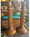 Pair Large Carved Wooden Candlesticks Tall Ornate Boho Rustic Candle Holders