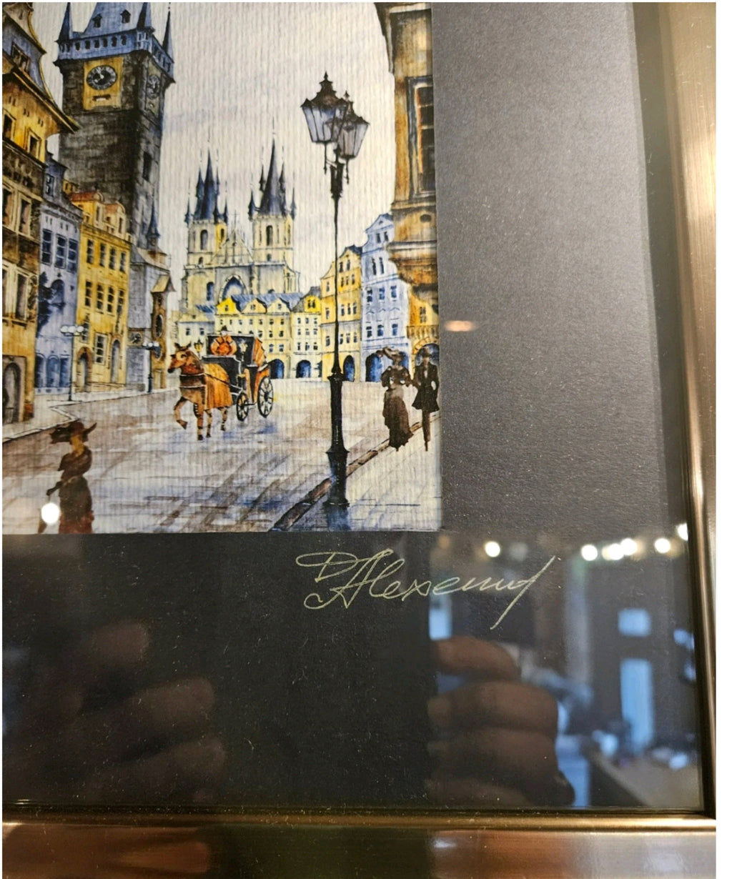 Striking Framed Prague Street Scene Watercolour & Ink Style Artwork Signed