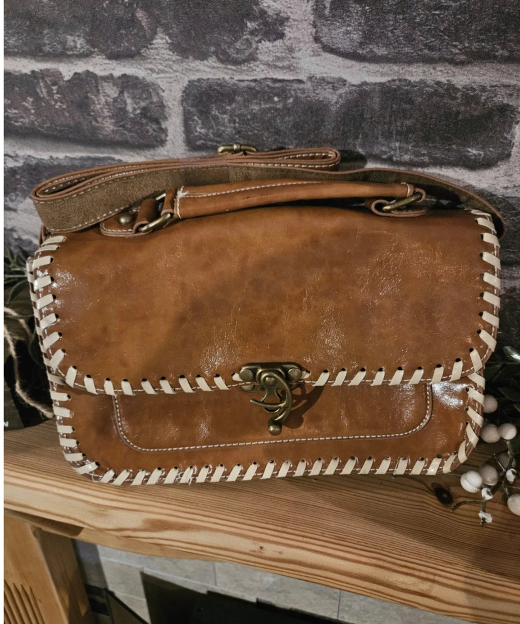 Tan Brown Faux Leather Vintage Style Satchel Crossbody Handbag – Never Used