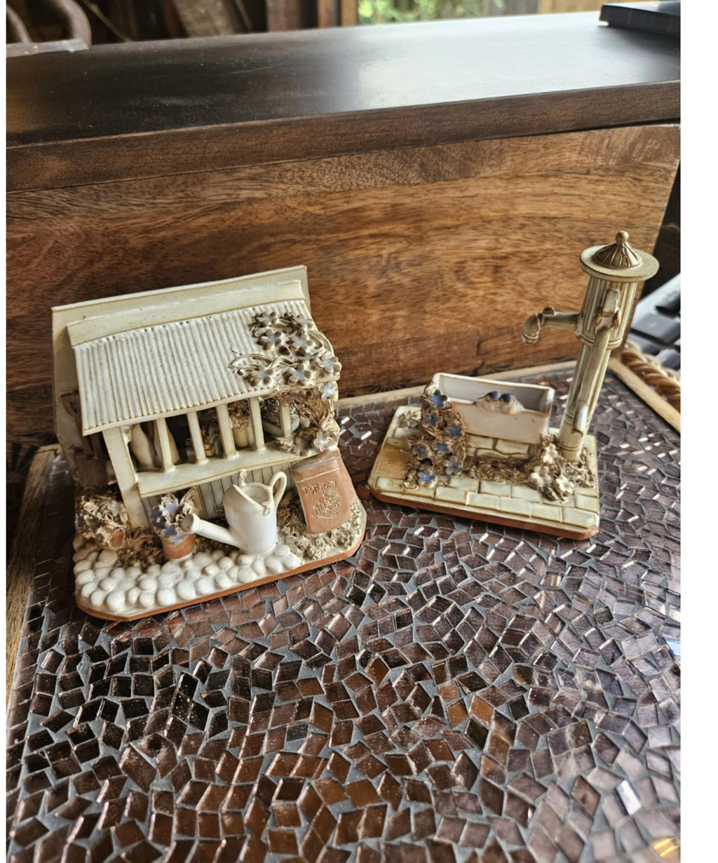 Vintage Handmade Rosemary Jones Miniature Garden Potting Shed & Water Pump Pair