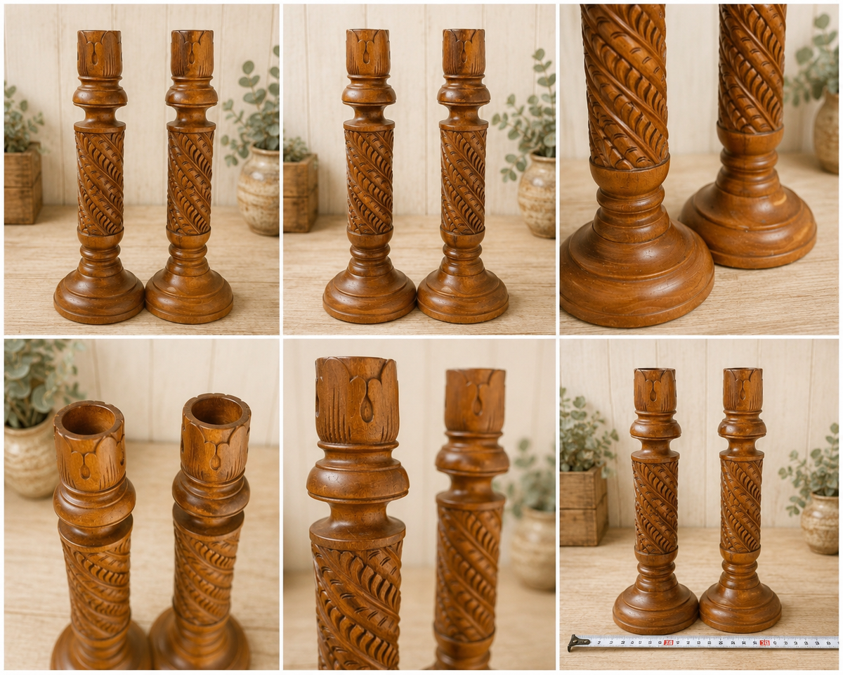 Pair Large Carved Wooden Candlesticks Tall Ornate Boho Rustic Candle Holders