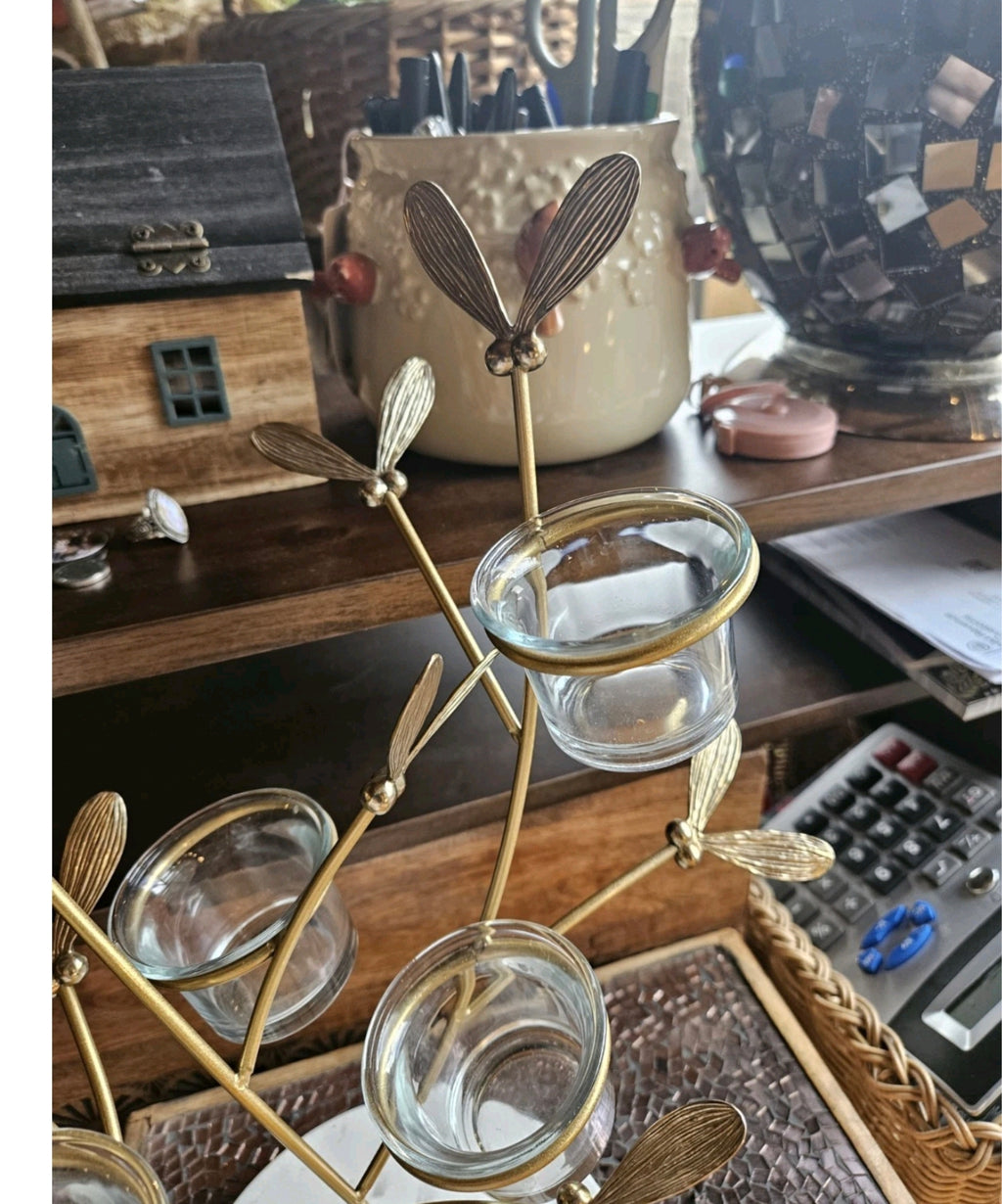 Large Gold Dragonfly 5 Tealight Candle Holder – Marble Effect Base