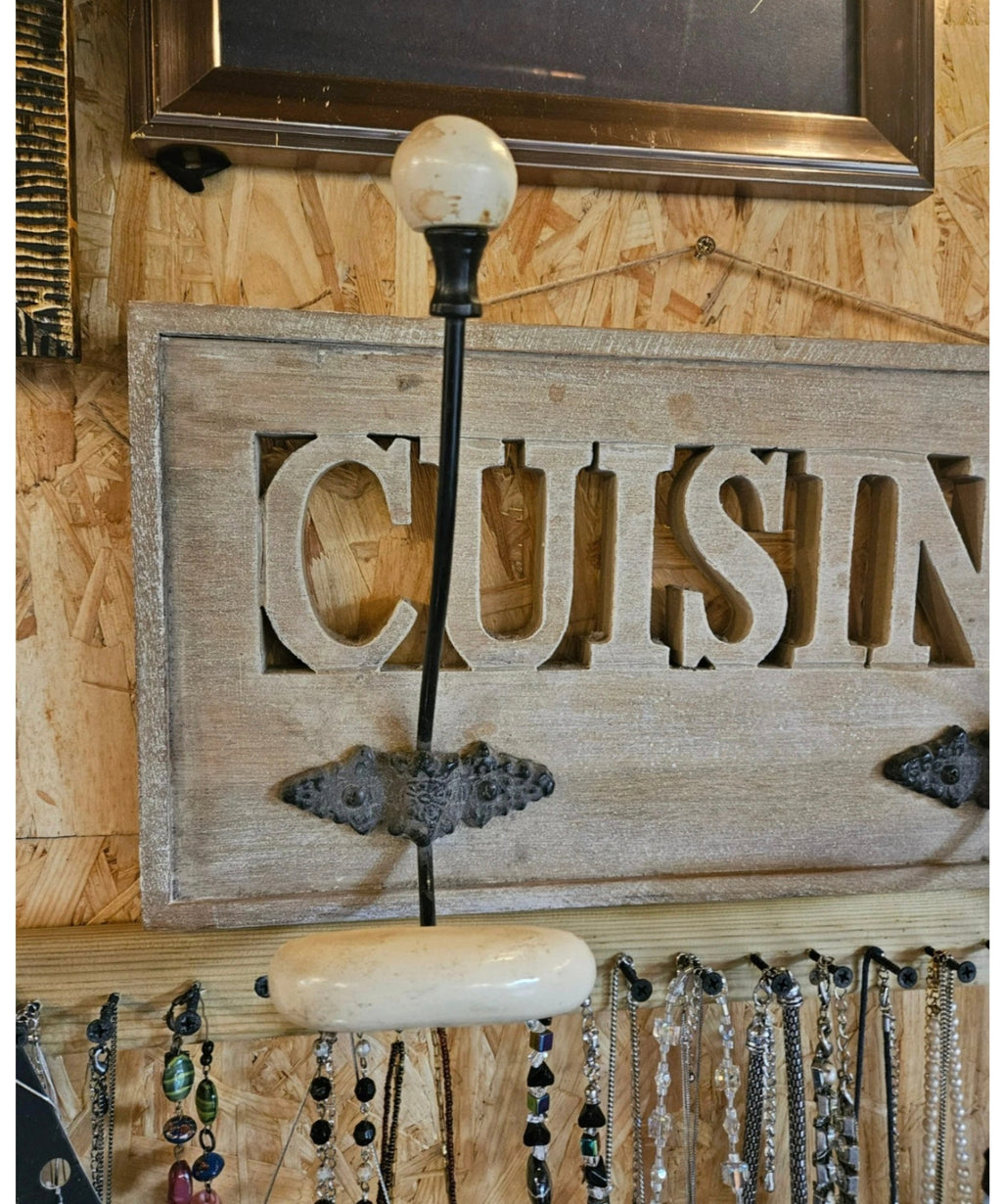 Pair Rustic Vintage Style Wall Coat Hooks Ceramic Handles Cast Iron Farmhouse