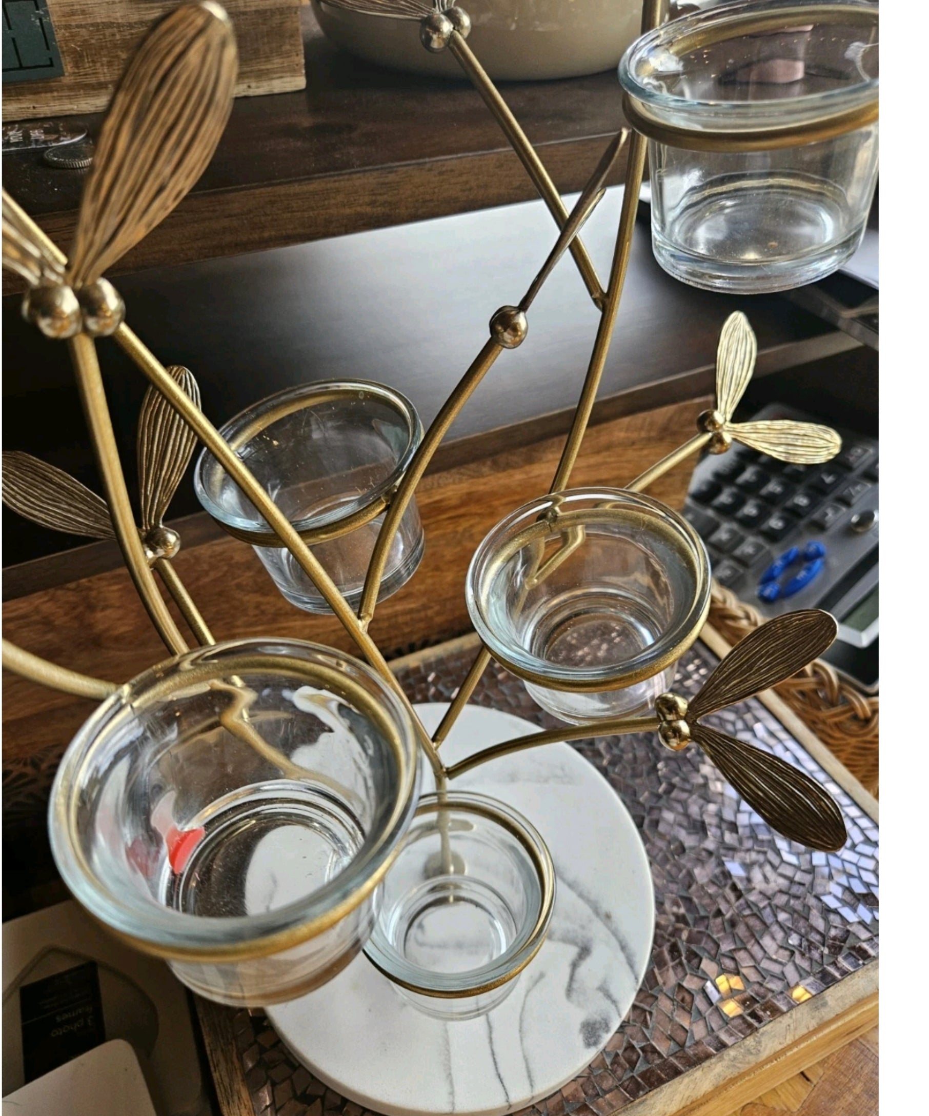 Large Gold Dragonfly 5 Tealight Candle Holder – Marble Effect Base